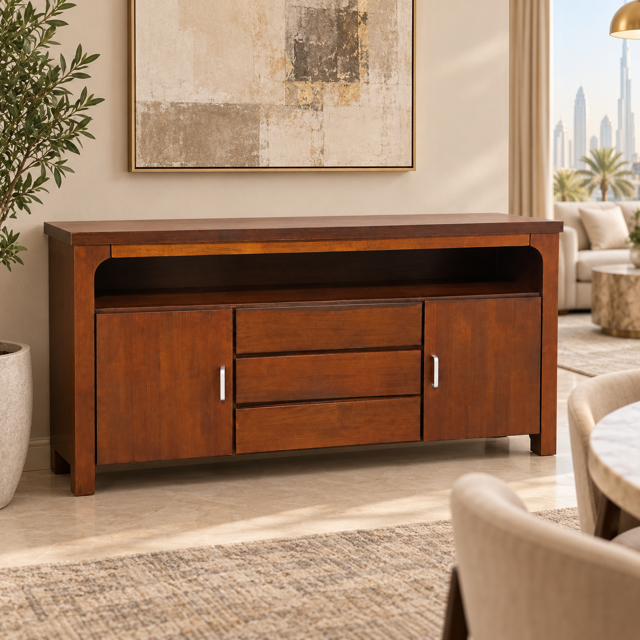 Wood Sideboard with 2 Doors, 3 Drawers & Open Shelf – 155 × 45 × 82 cm