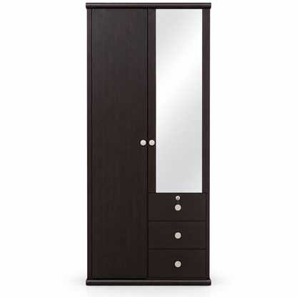 Home Box 2-Door Wardrobe with Mirror, 3 Drawers & Hanging Storage – Dark Brown – 80 × 51 × 214 cm
