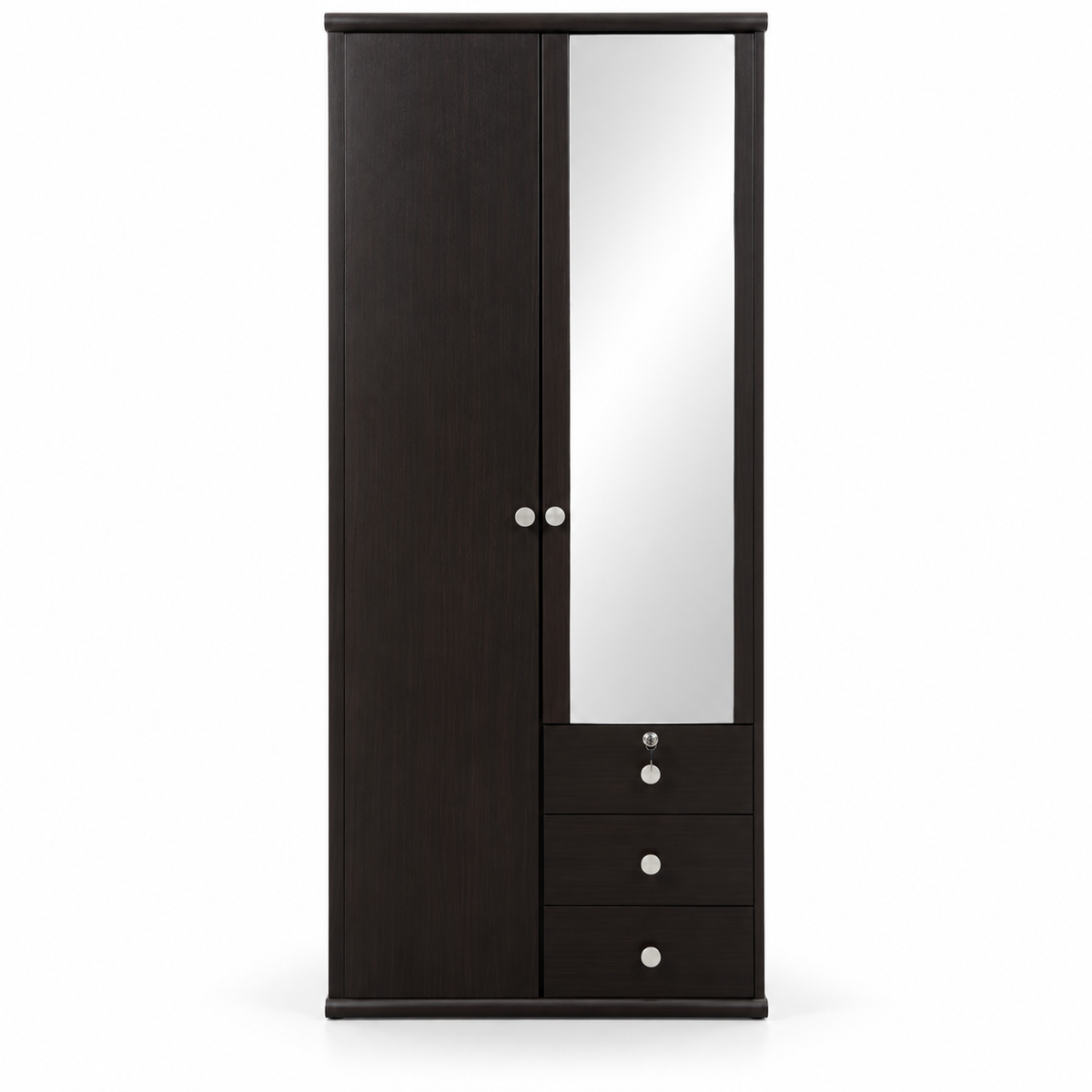 Home Box 2-Door Wardrobe with Mirror, 3 Drawers & Hanging Storage – Dark Brown – 80 × 51 × 214 cm
