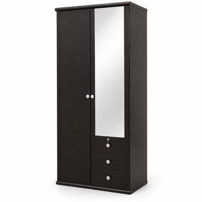 Home Box 2-Door Wardrobe with Mirror, 3 Drawers & Hanging Storage – Dark Brown – 80 × 51 × 214 cm
