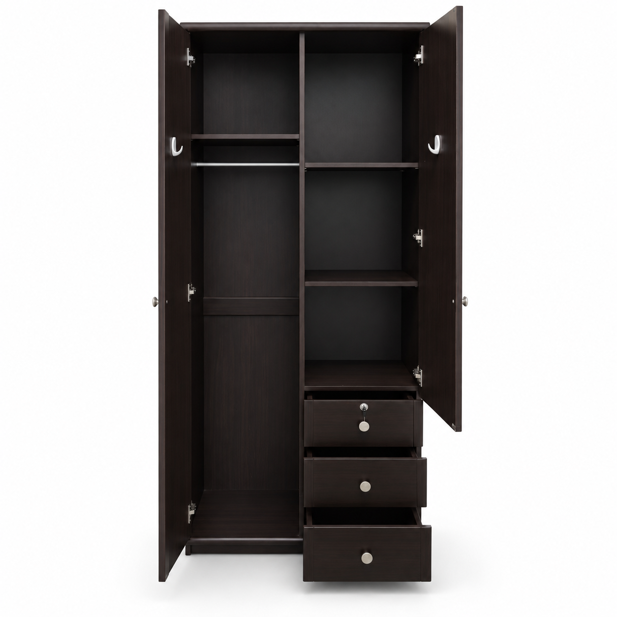 Home Box 2-Door Wardrobe with Mirror, 3 Drawers & Hanging Storage – Dark Brown – 80 × 51 × 214 cm