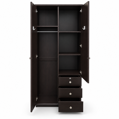 Home Box 2-Door Wardrobe with Mirror, 3 Drawers & Hanging Storage – Dark Brown – 80 × 51 × 214 cm