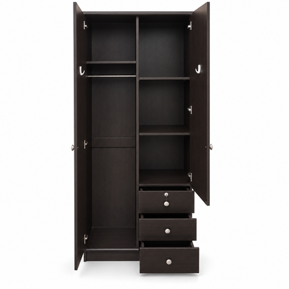 Home Box 2-Door Wardrobe with Mirror, 3 Drawers & Hanging Storage – Dark Brown – 80 × 51 × 214 cm