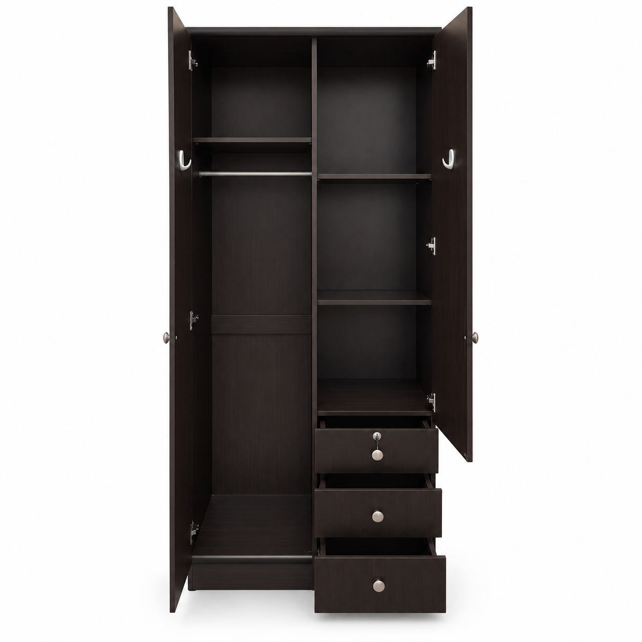 Home Box 2-Door Wardrobe with Mirror, 3 Drawers & Hanging Storage – Dark Brown – 80 × 51 × 214 cm