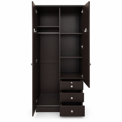 Home Box 2-Door Wardrobe with Mirror, 3 Drawers & Hanging Storage – Dark Brown – 80 × 51 × 214 cm