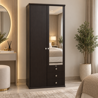 Home Box 2-Door Wardrobe with Mirror, 3 Drawers & Hanging Storage – Dark Brown – 80 × 51 × 214 cm