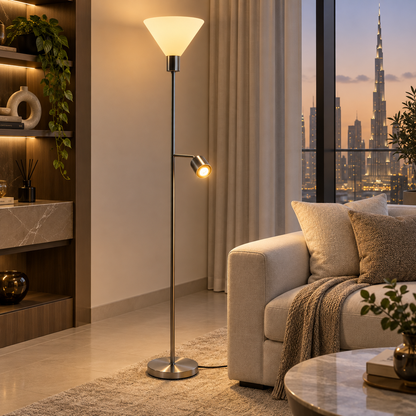 IKEA FLUGBO Floor Uplighter & Reading Lamp – Nickel-Plated / White – 180 cm