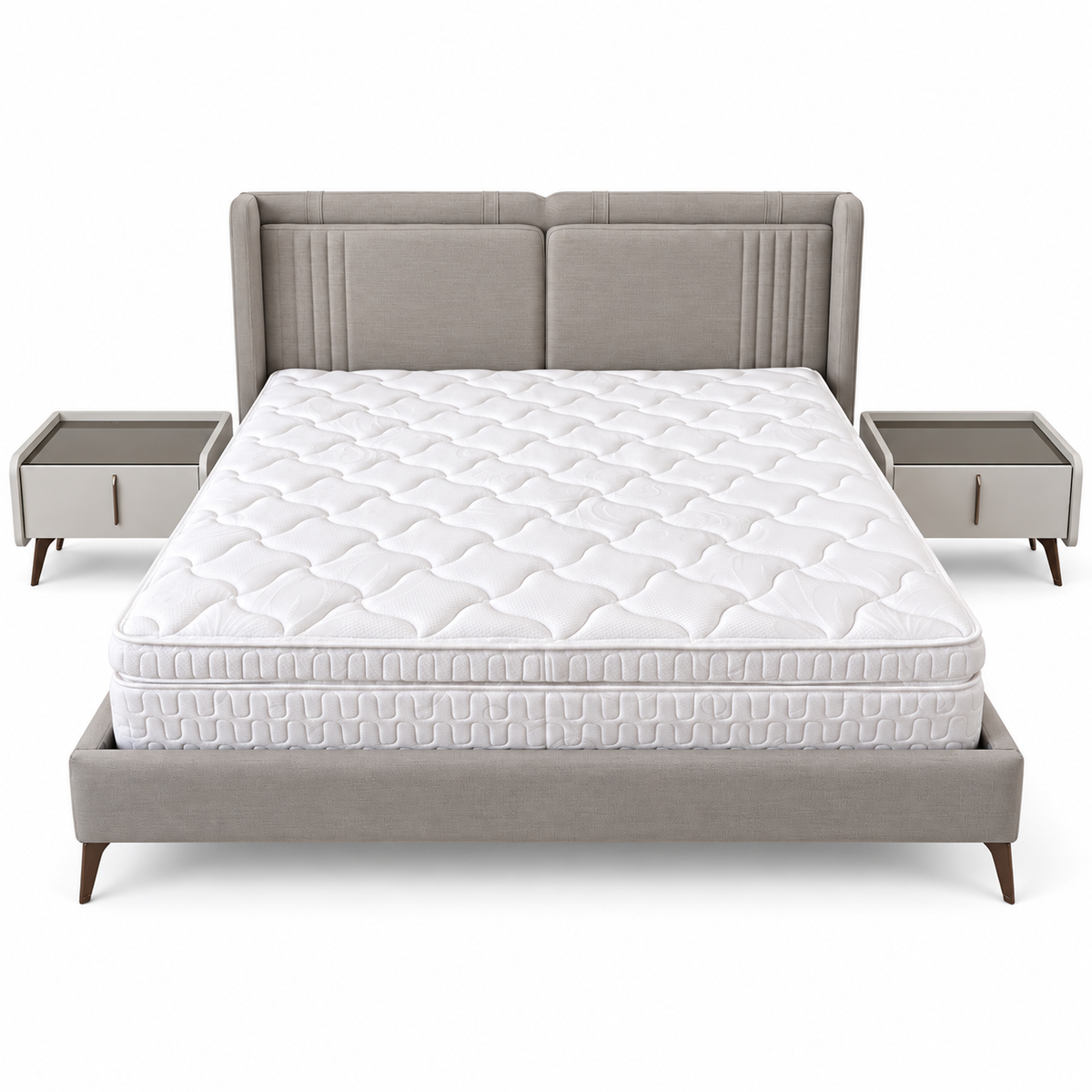 Homes r Us Complete King Bedroom Set with Myra Bed, Mattress & New Selena 6-Door Wardrobe – 180 × 200 cm – Cream & Beige