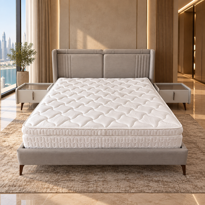 Homes r Us Complete King Bedroom Set with Myra Bed, Mattress & New Selena 6-Door Wardrobe – 180 × 200 cm – Cream & Beige