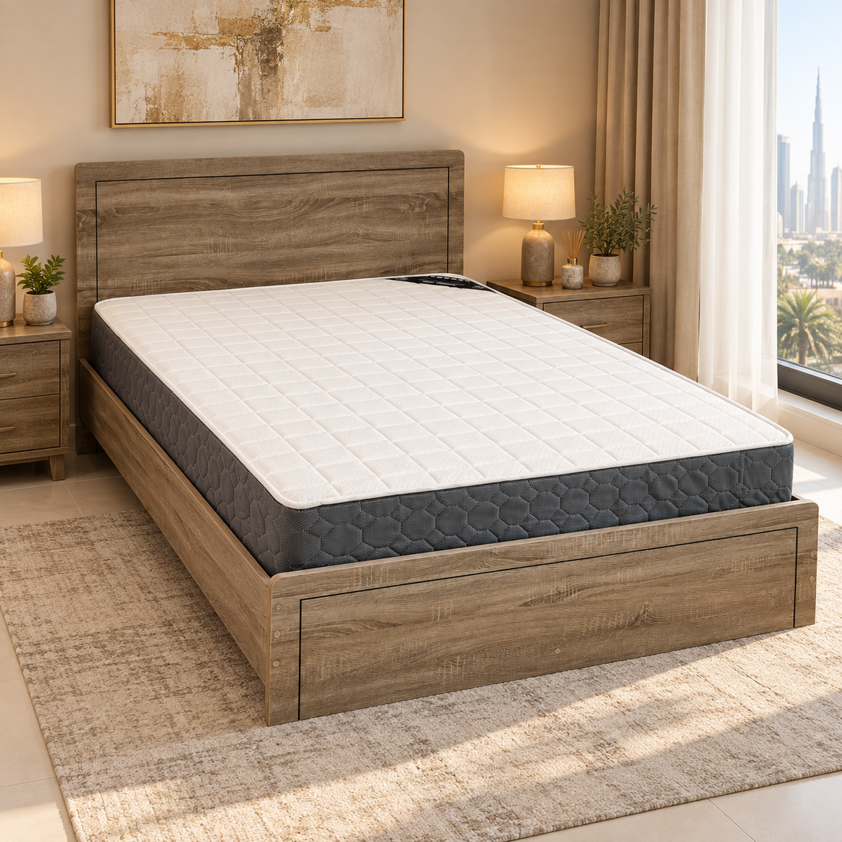 PAN Home Rustic Oak Wood-Effect Panel Bed with Mattress – Brown