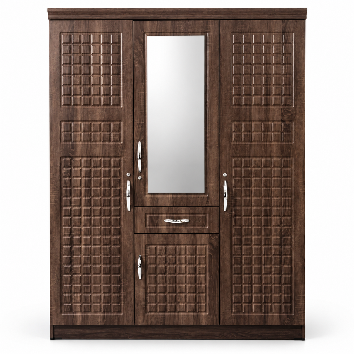Home Box 3-Door Wardrobe with Mirror, Drawer & Storage Cabinet – Dark Walnut Brown