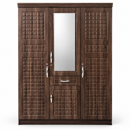 Home Box 3-Door Wardrobe with Mirror, Drawer & Storage Cabinet – Dark Walnut Brown