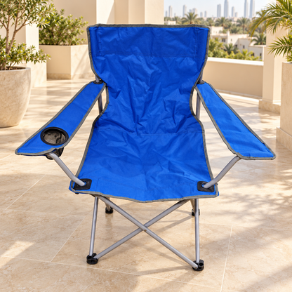 Foldable Camping Chair with Armrests & Cup Holder – Royal Blue & Grey