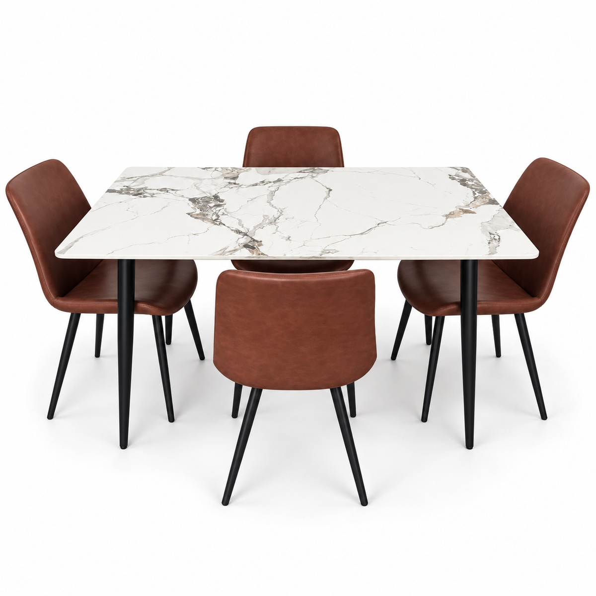 Danube Home 5-Piece Marble-Effect Dining Set with 4 Brown Upholstered Chairs – White & Black
