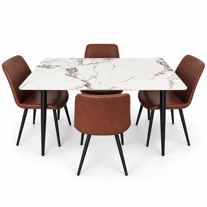 Danube Home 5-Piece Marble-Effect Dining Set with 4 Brown Upholstered Chairs – White & Black