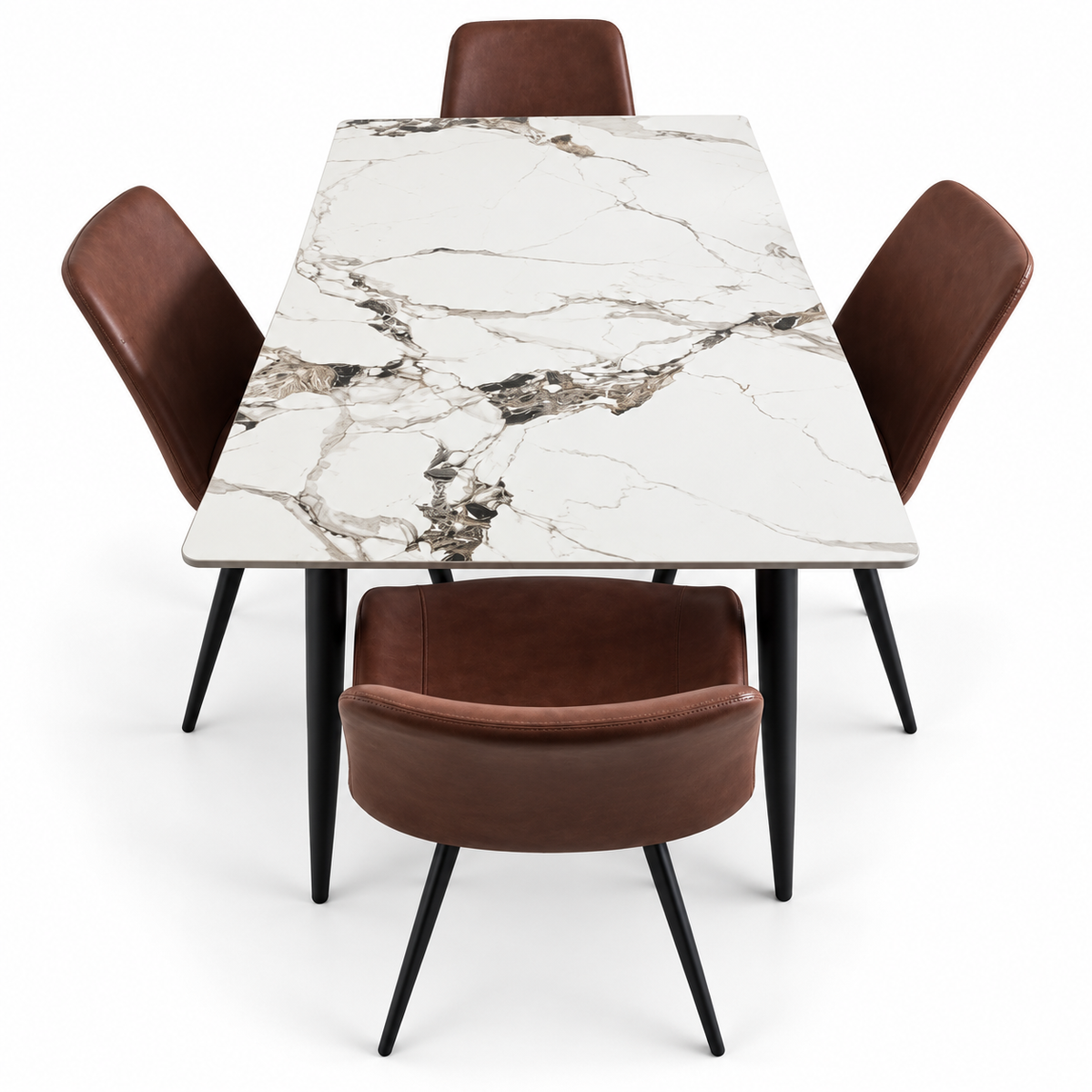 Danube Home 5-Piece Marble-Effect Dining Set with 4 Brown Upholstered Chairs – White & Black