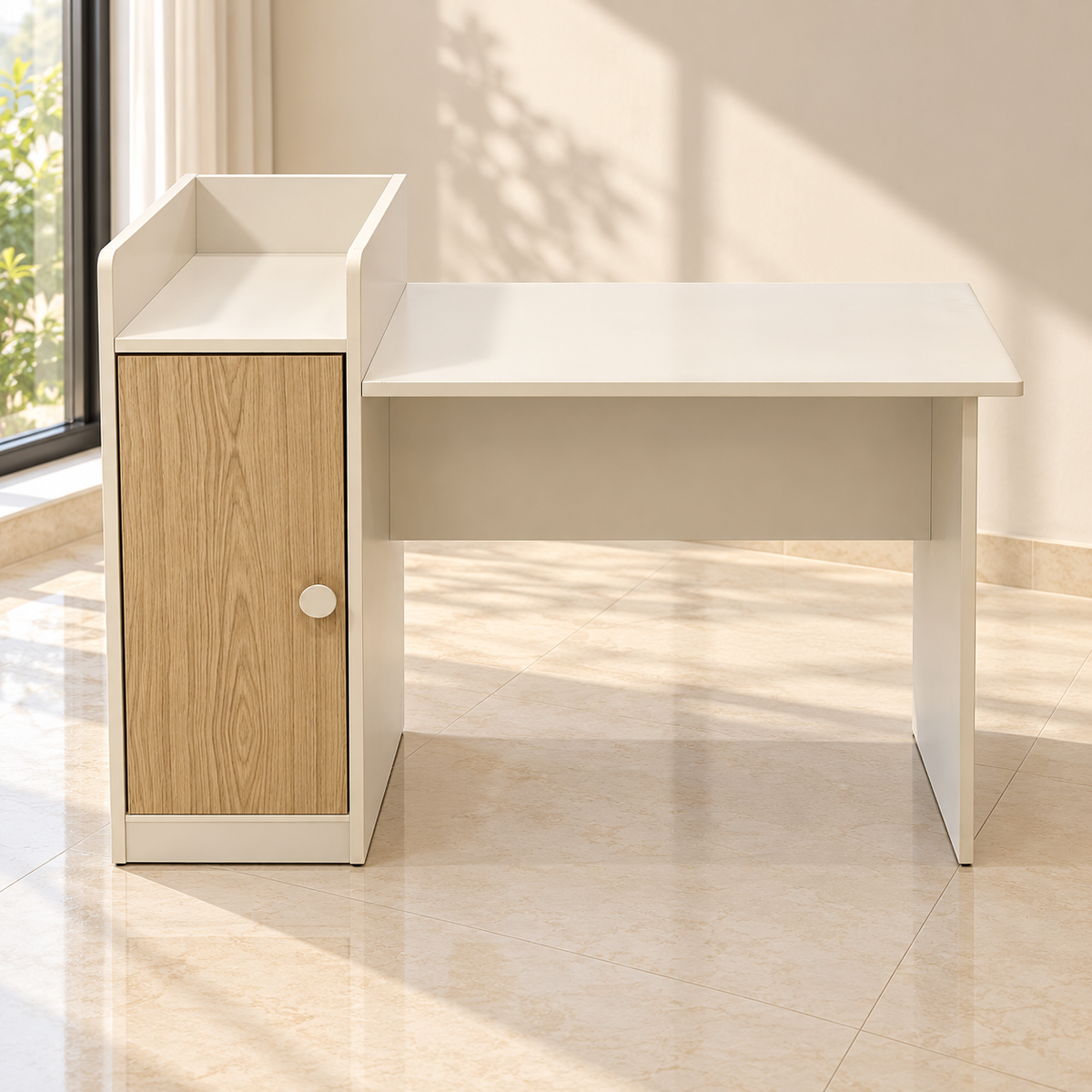 Home Box Study Desk with 1-Door Storage Cabinet & Open Shelf – White & Natural Oak