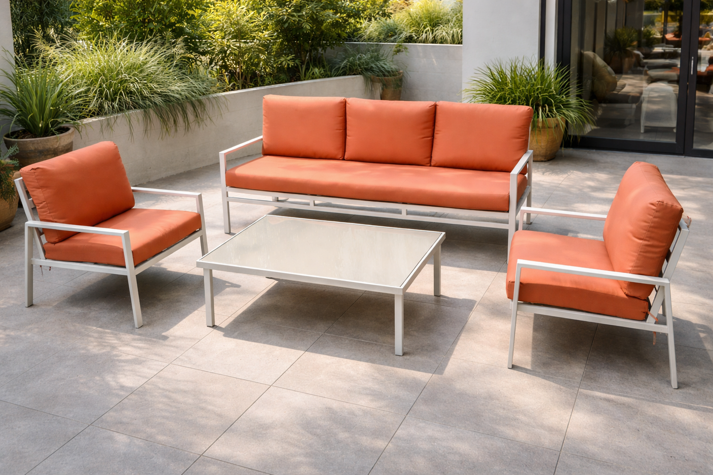 Home Emberr Outdoor Sofa Set – 3+1+1 with Coffee Table, White Aluminum Frame, Orange Cushions