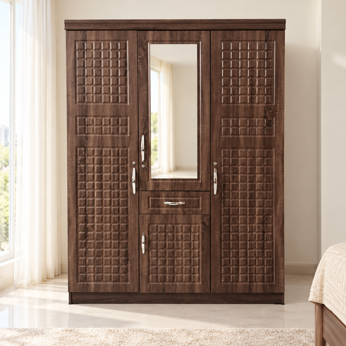 Home Box 3-Door Wardrobe with Mirror, Drawer & Storage Cabinet – Dark Walnut Brown