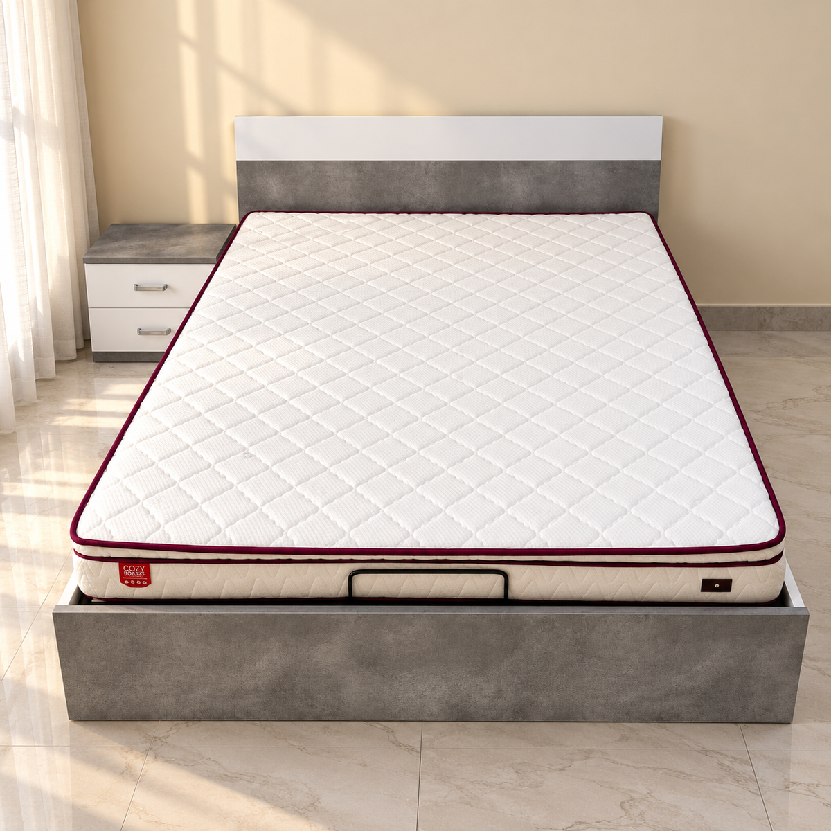 Danube Home Michigan 180×200 King Hydraulic Storage Bed with Mattress & 1 Bedside Table – White/Grey