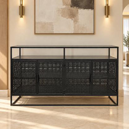 Aster Industrial 4-Door Metal Sideboard with Smoked Glass Top – 160 cm – Black