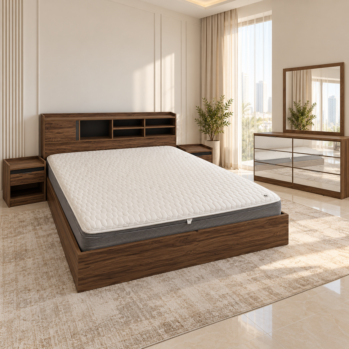Home Centre Octon King Bedroom Set with Mattress, 2 Nightstands, 6-Drawer Dresser & Mirror – 180 × 200 cm – Walnut