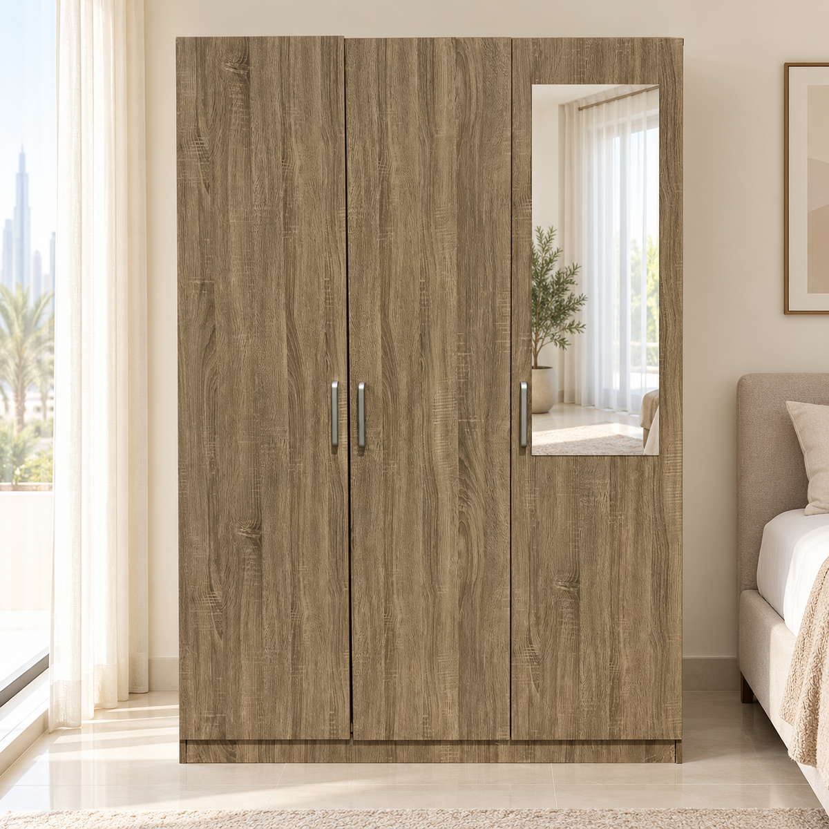 Danube Home Supreme 3-Door Wardrobe with Mirror – French Sonoma Oak – 120 × 52 × 190 cm