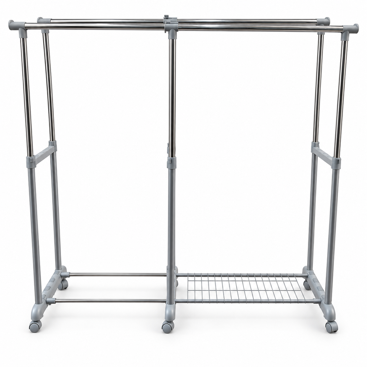 Brightline Double Rod Adjustable Garment Rack with Wheels & Bottom Shelf – 80 × 41 × 160 cm