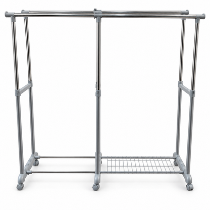 Brightline Double Rod Adjustable Garment Rack with Wheels & Bottom Shelf – 80 × 41 × 160 cm