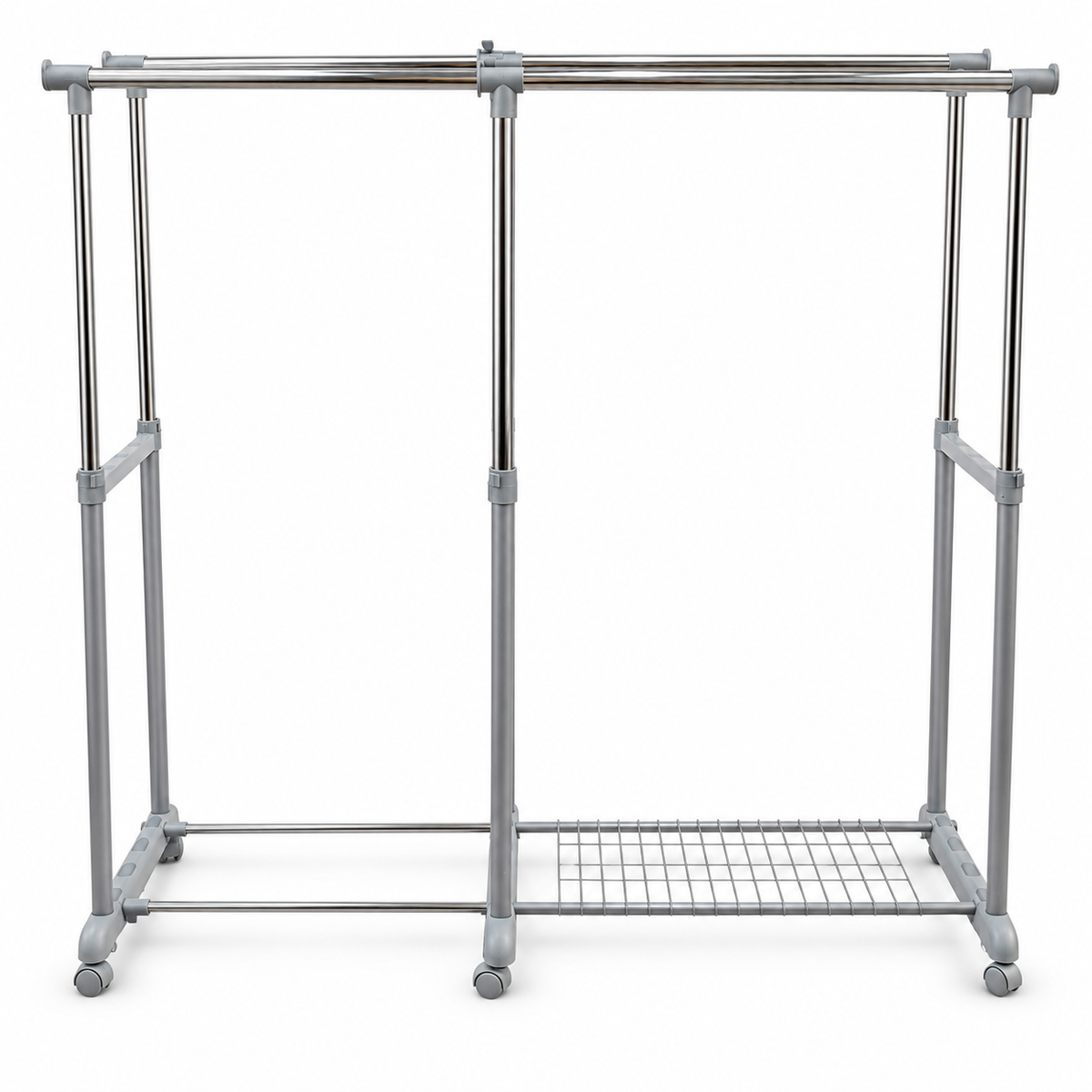Brightline Double Rod Adjustable Garment Rack with Wheels & Bottom Shelf – 80 × 41 × 160 cm