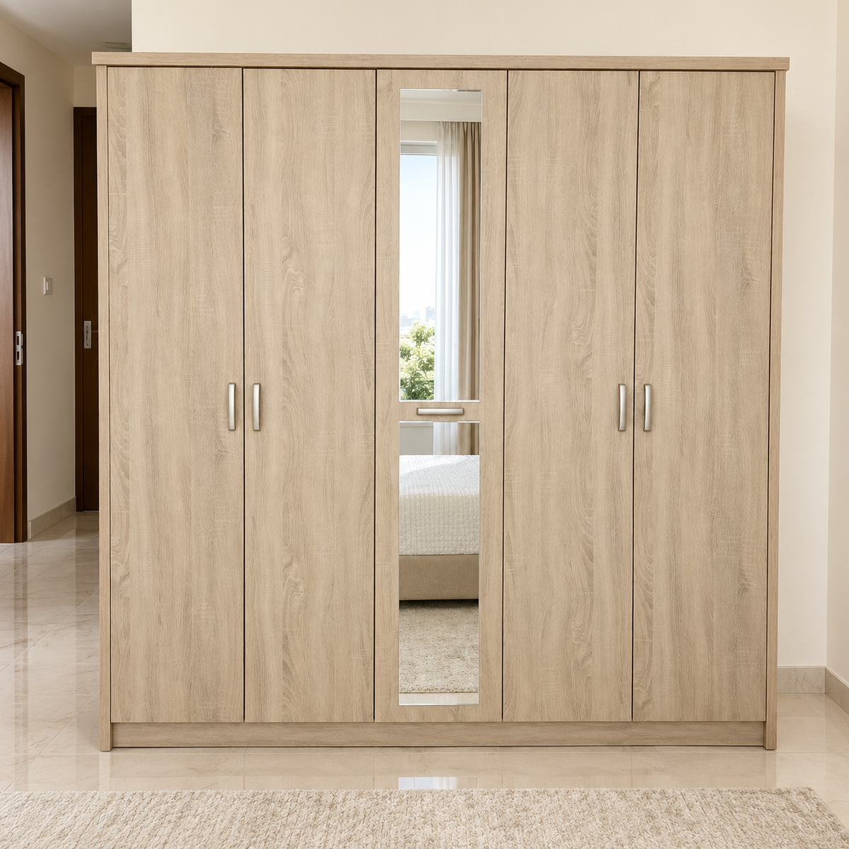 Home Centre 5-Door Wardrobe with Centre Mirror – Light Oak