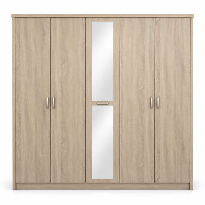 Home Centre 5-Door Wardrobe with Centre Mirror – Light Oak