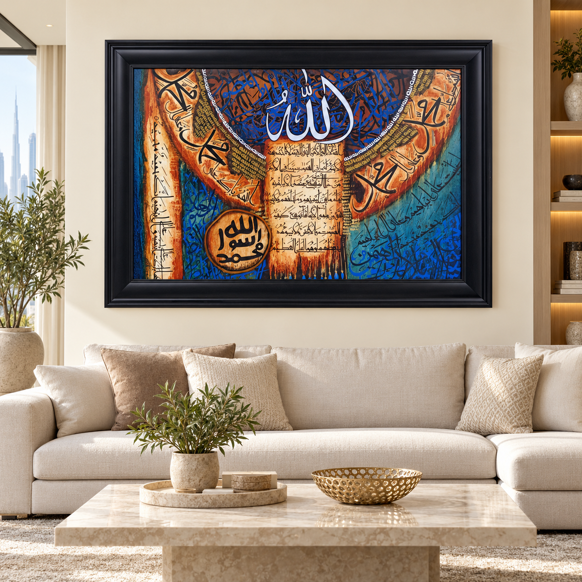 Framed Islamic Arabic Calligraphy Wall Art – Allah & Muhammad – Multicolour with Black Frame