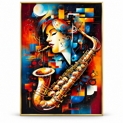 Abstract Jazz Saxophone Musician Framed Wall Art – Multicolour with Gold Frame