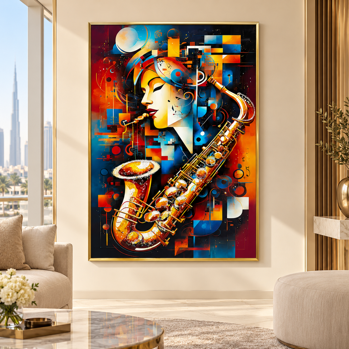 Abstract Jazz Saxophone Musician Framed Wall Art – Multicolour with Gold Frame