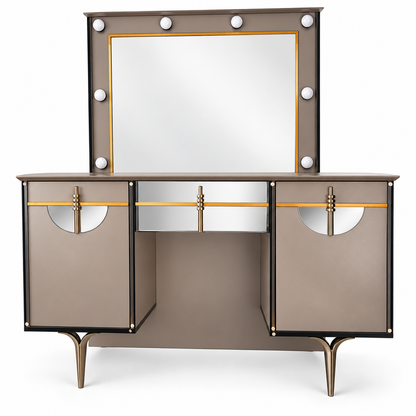 Danube Home Celestia King Bedroom Set with Mattress, 2 Nightstands & Lighted Dresser Mirror – 180 × 200 cm – Navy Blue, Taupe & Gold