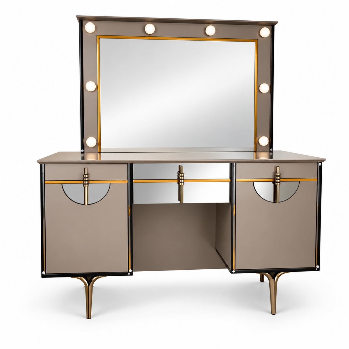 Danube Home Celestia King Bedroom Set with Mattress, 2 Nightstands & Lighted Dresser Mirror – 180 × 200 cm – Navy Blue, Taupe & Gold