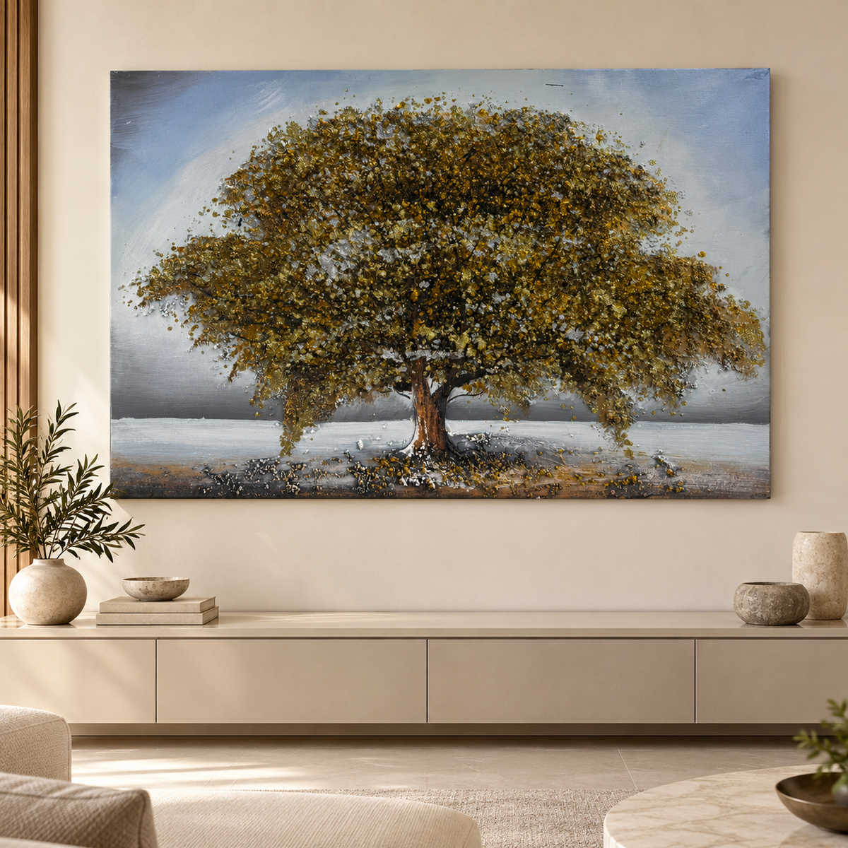 Golden Tree of Life Textured Landscape Wall Art – Gold, Silver & Blue-Grey
