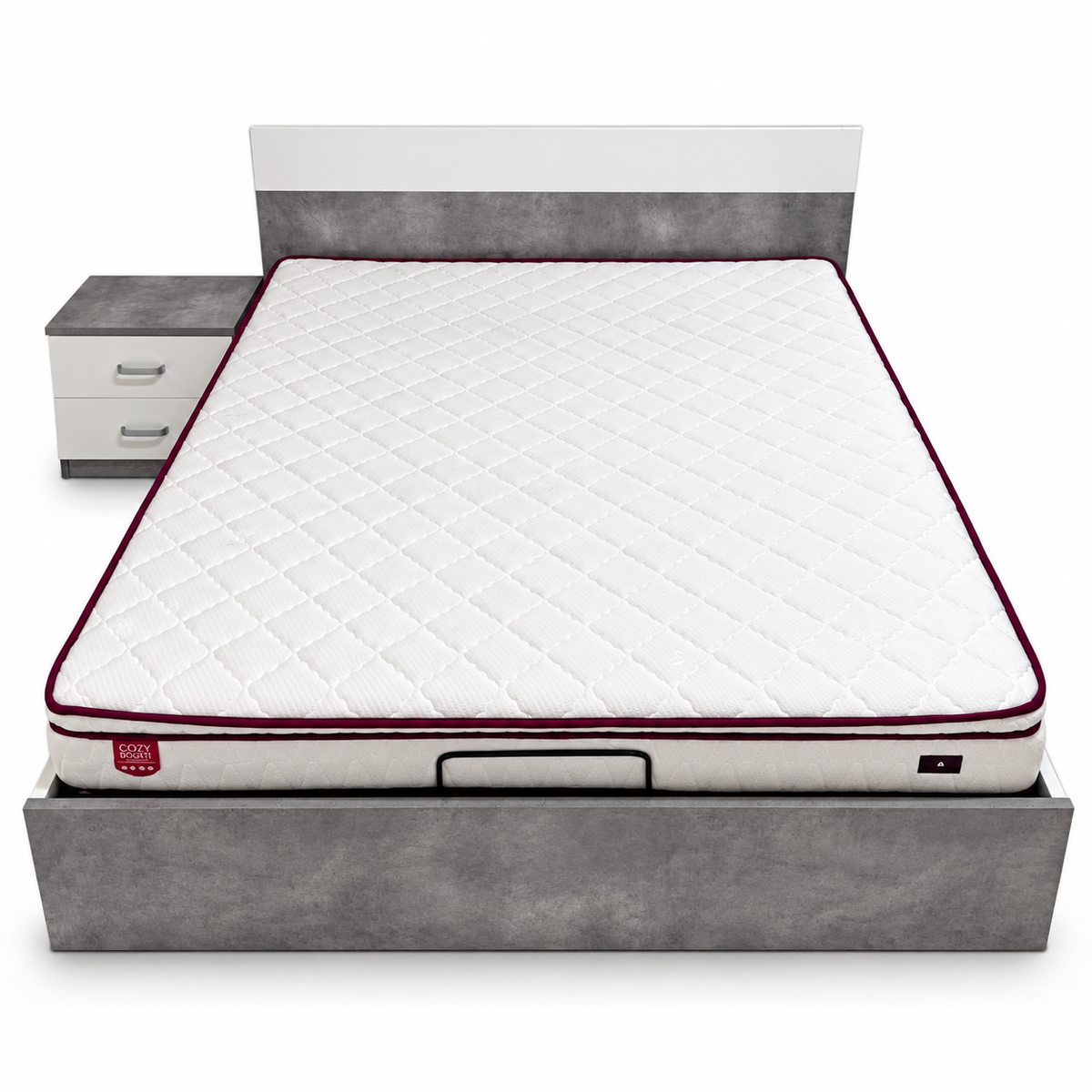 Danube Home Michigan 180×200 King Hydraulic Storage Bed with Mattress & 1 Bedside Table – White/Grey