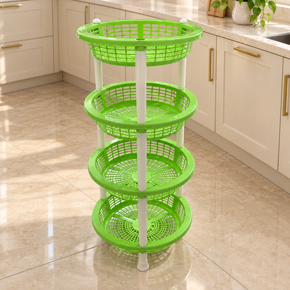 4-Tier Round Plastic Storage Basket Stand – Green & White