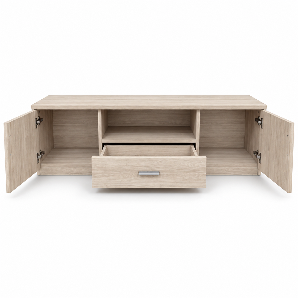 Home Box Low-Profile TV Unit with 2 Doors, 1 Drawer & Open Shelf – Light Oak
