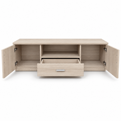Home Box Low-Profile TV Unit with 2 Doors, 1 Drawer & Open Shelf – Light Oak