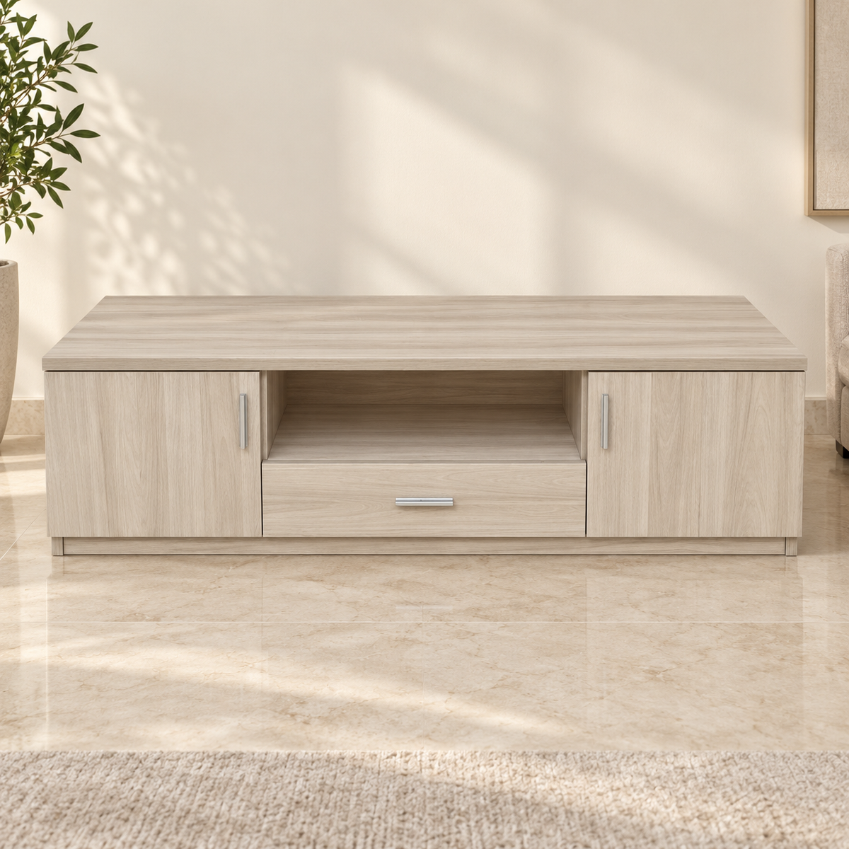 Home Box Low-Profile TV Unit with 2 Doors, 1 Drawer & Open Shelf – Light Oak