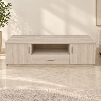 Home Box Low-Profile TV Unit with 2 Doors, 1 Drawer & Open Shelf – Light Oak