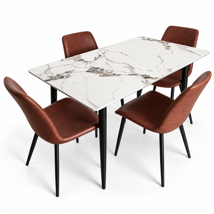 Danube Home 5-Piece Marble-Effect Dining Set with 4 Brown Upholstered Chairs – White & Black