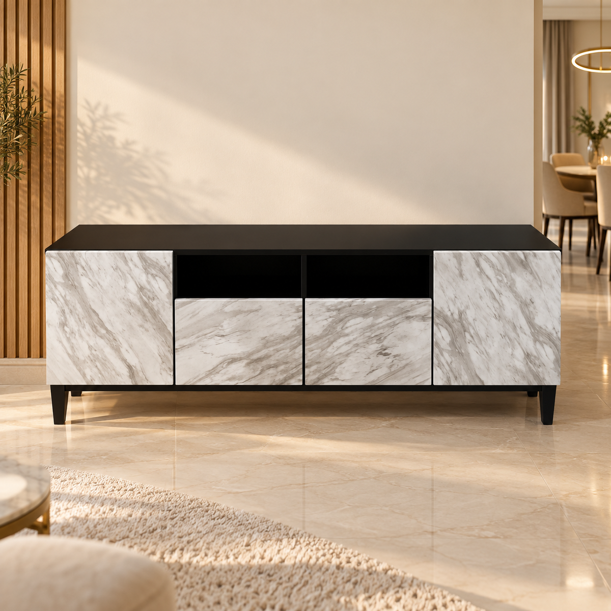 PAN Home Povera 4-Door TV Unit – 200 cm – Black & White Marble Style