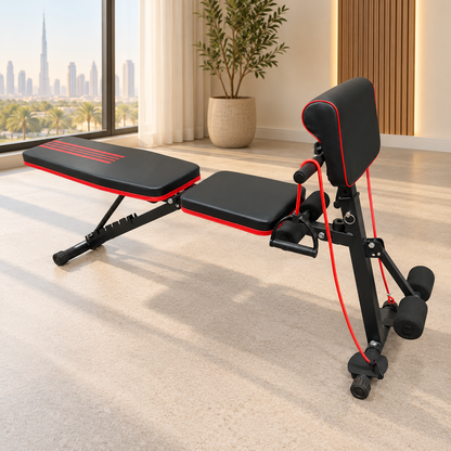Adjustable Multi-Function Home Gym Workout Bench with Resistance Bands – Black & Red