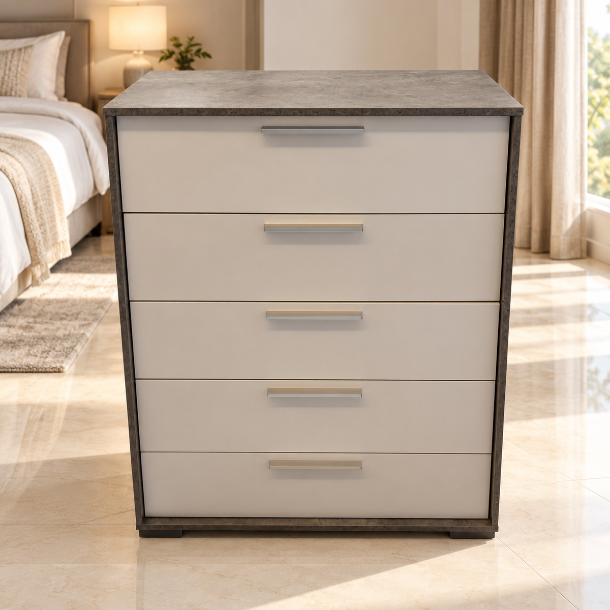 Home Box Patara Chest of 5 Drawers – White & Concrete Grey – 80 × 39 × 111.5 cm