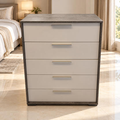 Home Box Patara Chest of 5 Drawers – White & Concrete Grey – 80 × 39 × 111.5 cm
