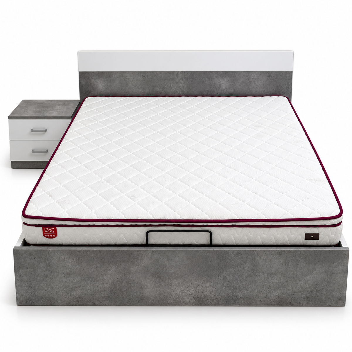 Danube Home Michigan 180×200 King Hydraulic Storage Bed with Mattress & 1 Bedside Table – White/Grey